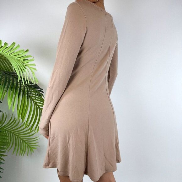 Women's Brown Boho Casual Long Sleeve Fit & Flare Comfy Mini Pocket Dress / S - Picture 2 of 5